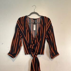Orange striped navy blue wrap blouse
